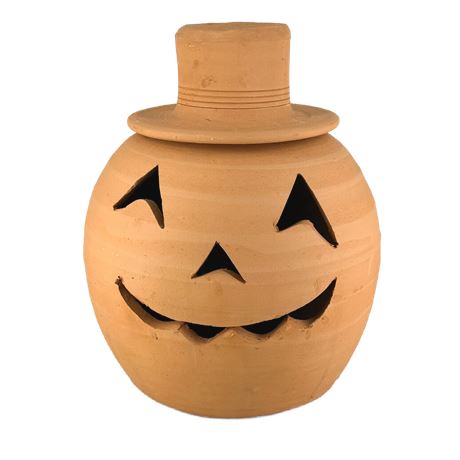 Vintage Hewells Pottery Terra Cotta Jack-o-Lantern with Hat