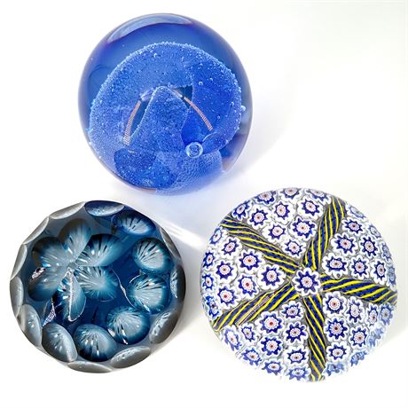 Trio of Blue Art Glass Paperweights – Millefiori, Faceted, and Bubble Designs