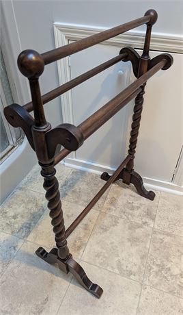 Antique Victorian Mahogany Towel Rail w/Floor Stand & handmade quilts/blankets