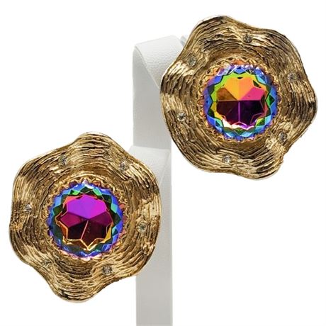 Vintage JUDY LEE Large Heliotrope Watermelon Rhinestone Clip Earrings