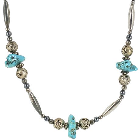 Southwestern Silver-Tone and Faux Turquoise Necklace with Rose Beads