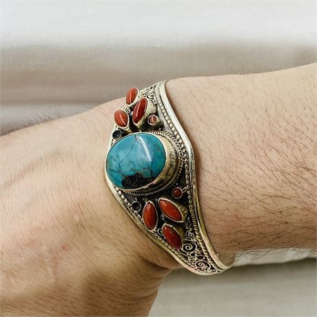 Amazing 54g Coral + Turquoise Sterling Cuff Bracelet