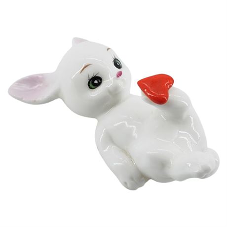 Vintage Playful White Bunny w/ Heart Ceramic Figurine
