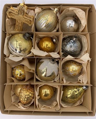 Lot of 13 Vintage Gold & Silver Shiny-Brite Glass & Brass Tree Ornaments