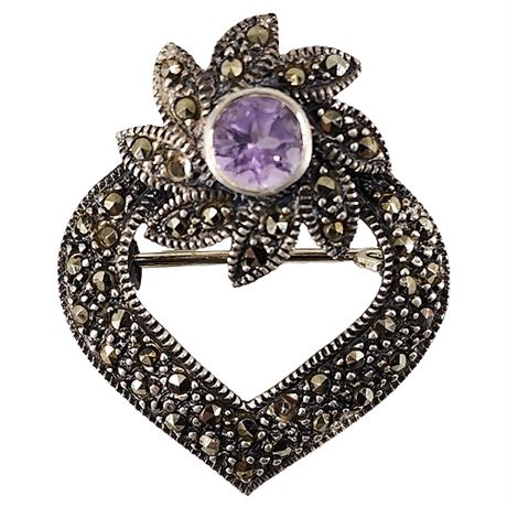 Vintage Sterling Silver Marcasite Amethyst Heart Brooch
