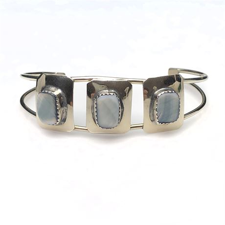 Vintage Artisan Silvery Blue Mother of Pearl Inlay Cuff Bracelet