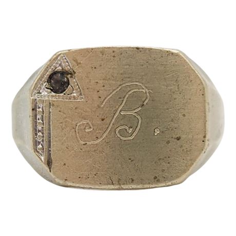Vintage UNCAS Champagne Tone Rhinestone "B" Signet Ring, Sz 9
