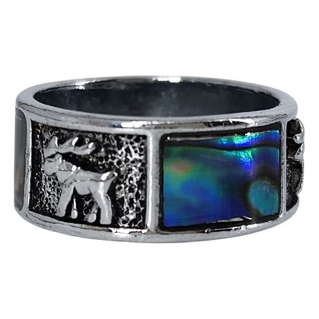 Silver Tone Abalone Elk/Moose Ring, Sz 6
