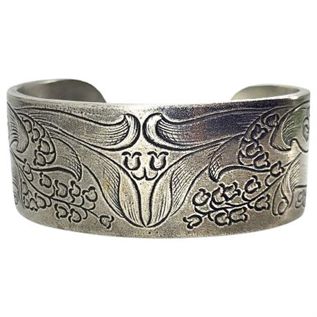 Signed Vintage Salisbury Pewter May Flower Lily of the Valley Cuff Bracelet