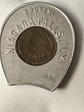 1947 wheat  penny horseshoe souvenir Niagara Falls