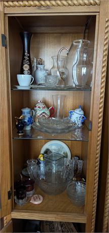 Lot 3 shelf buy out - glass pitchers, ceramics, glass plates, etc.