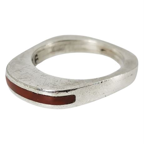 Vintage Sterling Silver Coral Inlay Unique Modernist Ring, Sz 6.5