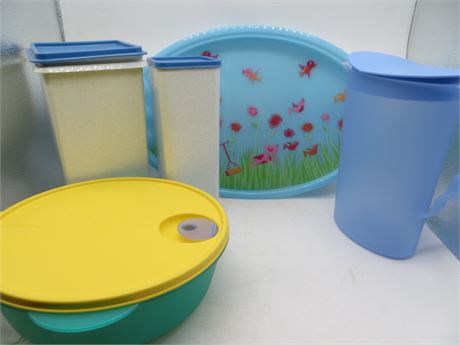 NEW VINTAGE TUPPERWARE SERVING TRAY, TALL CANISTERS, PITCHER & CRYSTAL WAVE BOWL
