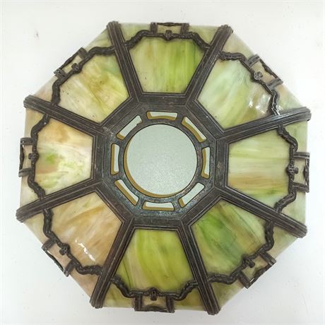 Antique Green Slag Glass Lamp Shade – Art Nouveau Design – Ornate Metal Overlay