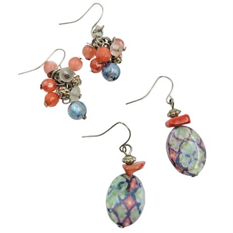 Two Pair of Pink and Blue Bead Dangle Earrings