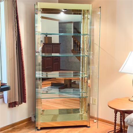 Vintage Glass, Brass & Mirror Illuminated Curio Cabinet