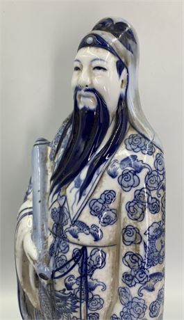 15” Cobalt & White Porcelain Wiseman Scholar Deity Statue