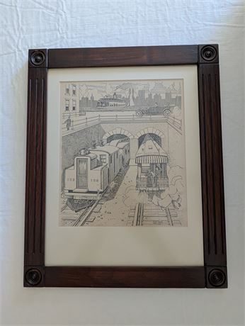 Signed Train Framed Sketch Wood Signed Print 13.5 x 16.5"