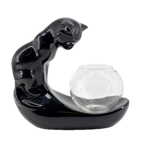 Vintage Haeger Pottery Black Cat with Fish Bowl Figurine