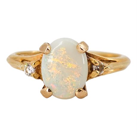 Vintage FJG 14K Gold Faux Opal & Genuine Diamond Ring, Sz 4