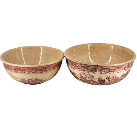 Antique Japanese Mixing Bowls Maroon Glaze, Fishing Village Theme - Set of 2