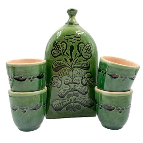 Hungarian Green Glazed Pottery Wine Bottle with Cups
