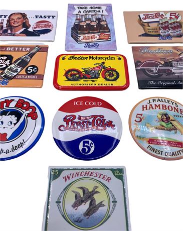 10 pc Indian Motorcycle, Pepsi, Cigar Advertising Sign Magnets