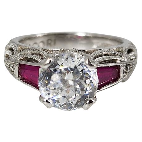 Signed TACORI Sterling Silver CZ & Ruby Vintage Inspired Ring, Sz 5