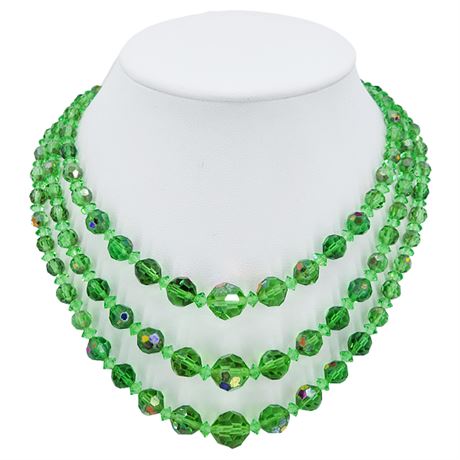Vtg 3-Strand Green Aurora Borealis Crystal Necklace