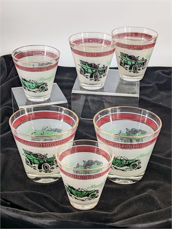 Set 6 Vintage 1905 Cadillac 1912 Studebaker Drinking Glasses 2-large, 4 small.