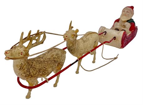 Vintage Celluloid Santa’s Sleigh & Reindeer Mantel, Table, Holiday Decoration