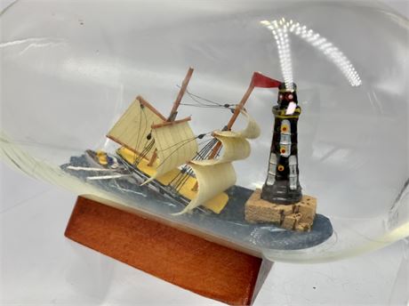 Vintage Miniature Ship in a Bottle, Sinking Ship & Lighthouse Vignette