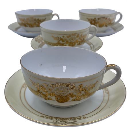 Set of 4 Vintage Noritake Hand Painted Porcelain Teacups & Saucers
