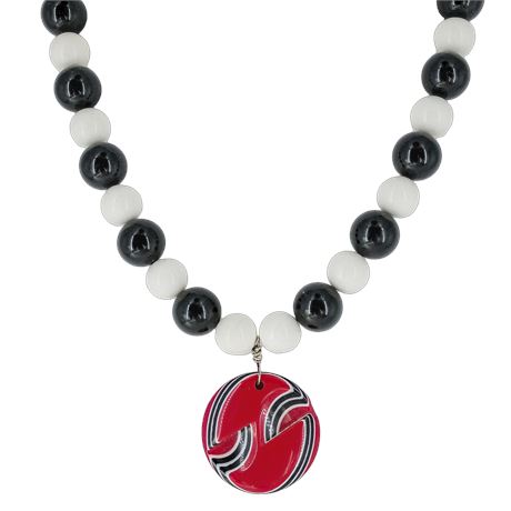Vintage Black & White Beaded Necklace with Red Enamel Pendant — Made in Japan
