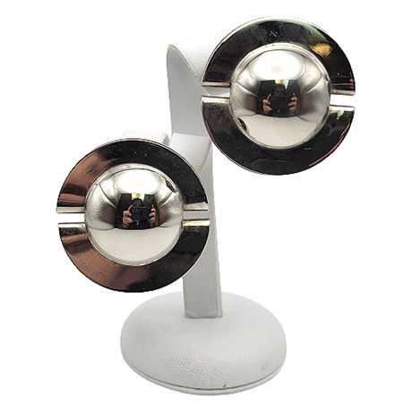 Vintage Large Chrome Circle Clip Earrings