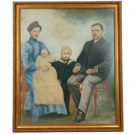 Antique Hand-Tinted Family Portrait Photograph w/ Children