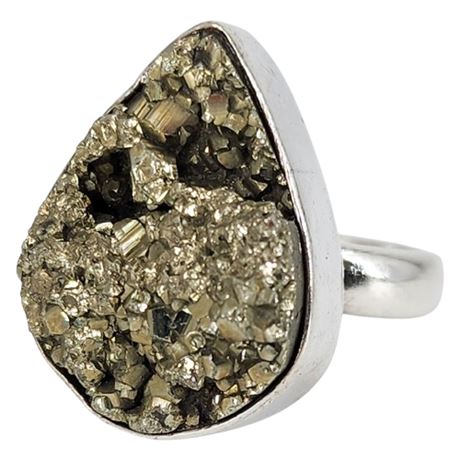 Sterling Silver Pyrite Teardrop Ring, Sz 7.75