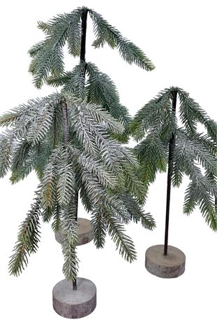 Trio of Snowy Wired Branch Pine Tree Holiday Decorations