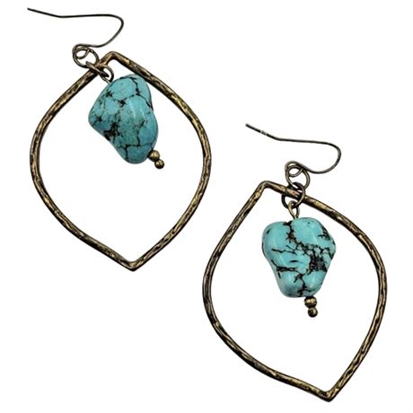 Gold Tone Turquoise Stone Dangle Earrings