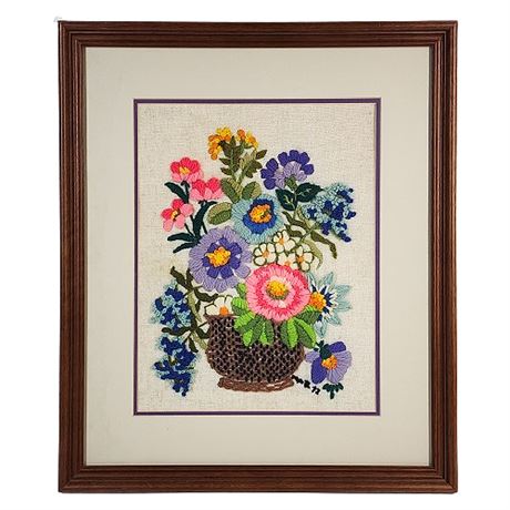 Vintage Colorful Floral Crewel in Wood Frame