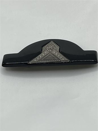 Art deco revival black heavy plastic and metal brooch