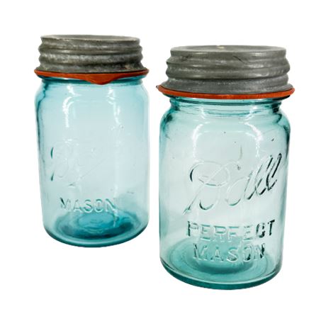 Pair of Ball Mason Blue Glass Jars