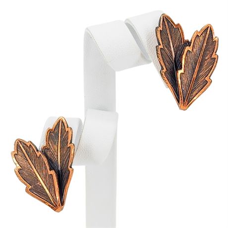 Vtg BELL TRADING Copper Feather Screwback Earrings