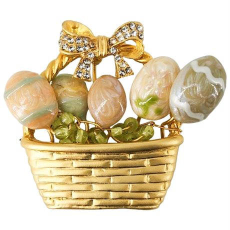 Vintage Enameled Easter Eggs Basket Brooch