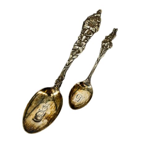 Pair of Vintage Ornate Floral Sterling Silver Souvenir Spoons
