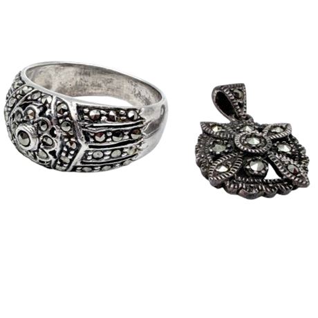 Sterling Silver Marcasite Ring & Small Pendant