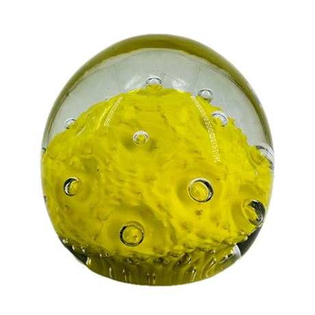 Vintage Yellow Art Glass Paperweight w Controlled Bubbles