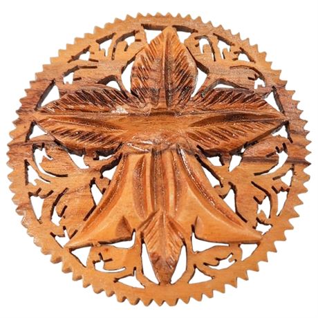 Vintage Hand Carved Olive Wood Openwork Brooch