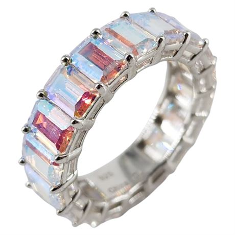 Signed Sterling Silver Emerald Cut Aurora Borealis Crystal Eternity Ring, Sz 8