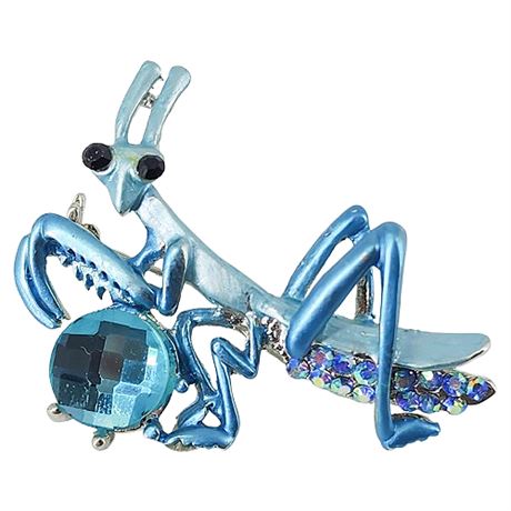 Vintage Pearlescent Enamel & Rhinestone Praying Mantis Brooch